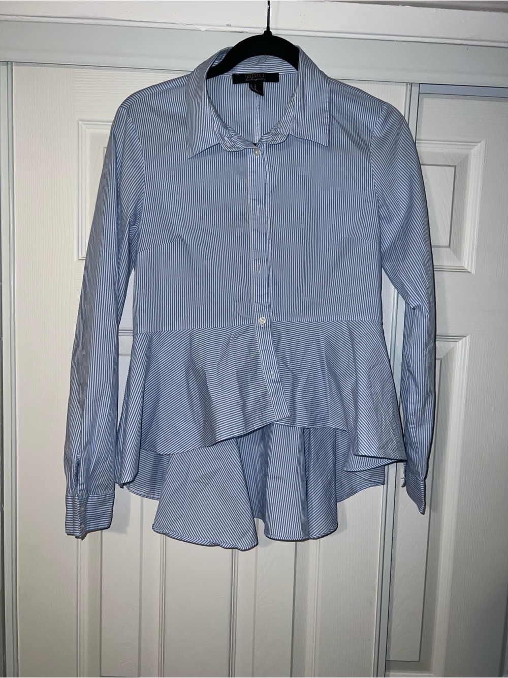 Forever 21 Light Blue Striped Peplum Button-Down Shirt